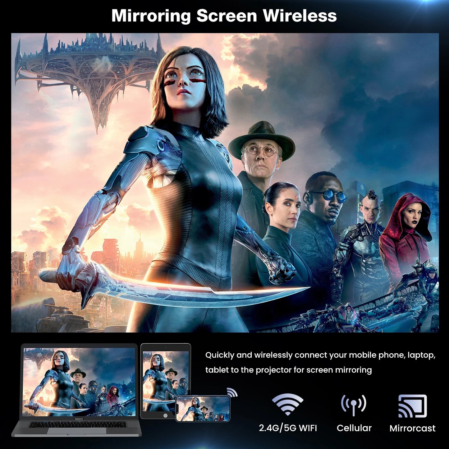 Projector with Wifi and Bluetooth Portable Projectors, 4K Support Mini Projector with Speaker, FHD Native 1080P Projectors for Outdoor Movies Home Theater