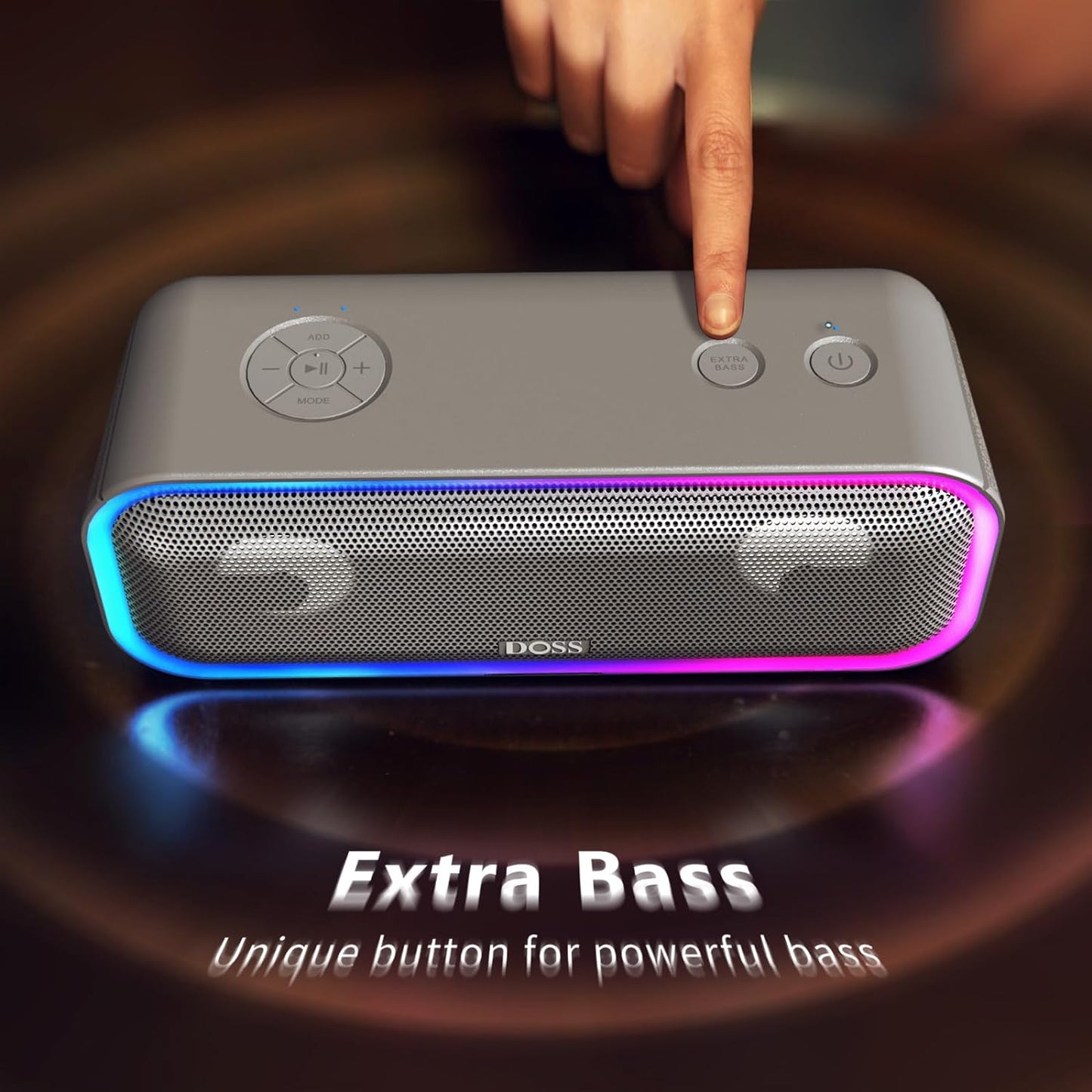 Soundbox Pro+ Bluetooth Speaker, Immersive 24W Stereo Sound with Booming Bass, IPX6 Waterproof, 15H Playtime, Mixed Colors Lights, Wireless for Backyard, Hiking, Garage, Party-Grey
