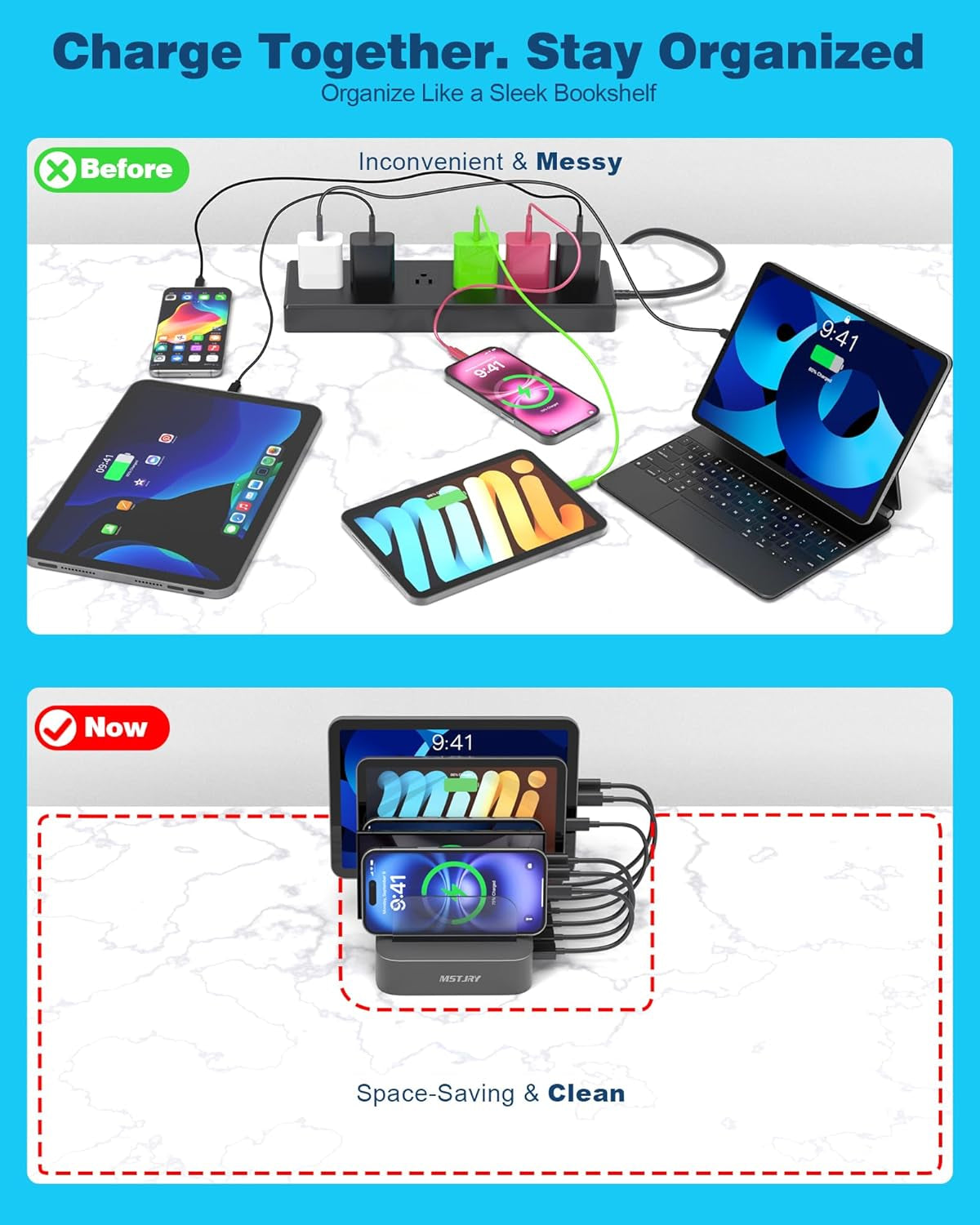 Charging Station for Multiple Devices : 5 Port Multi USB-A Charger Stations Multi-Device Organizer Charging Dock Designed for Iphone Ipad Cell Phone Tablets (7 Short Cables Included), Gray