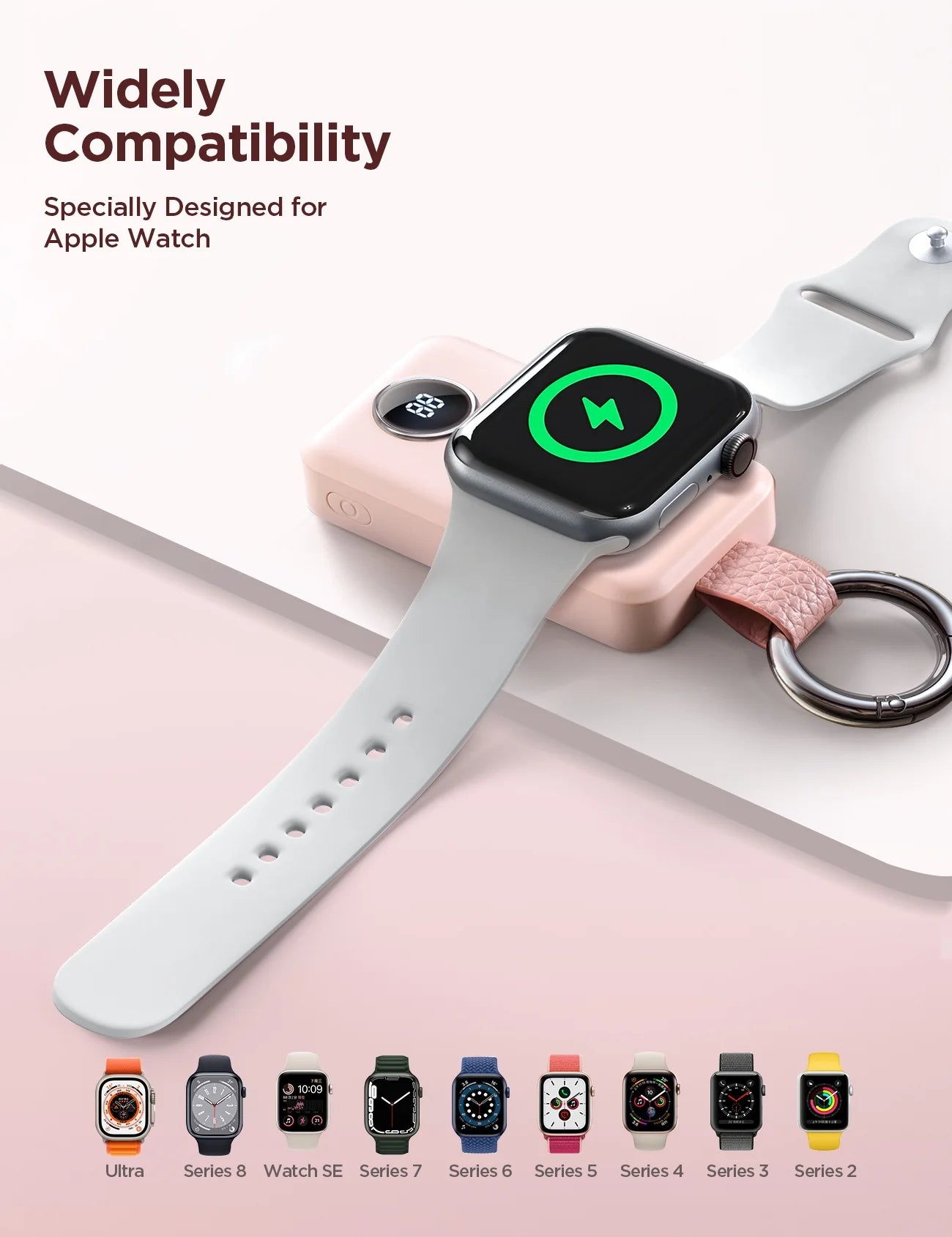 Portable Charger for Apple Watch, 2000Mah Magnetic Wireless Power Bank Fast Charger Keychain, Compatible for Iwatch Series 11/10/9/8/7/6/5/Se/4/3/2/Ultra, Pink