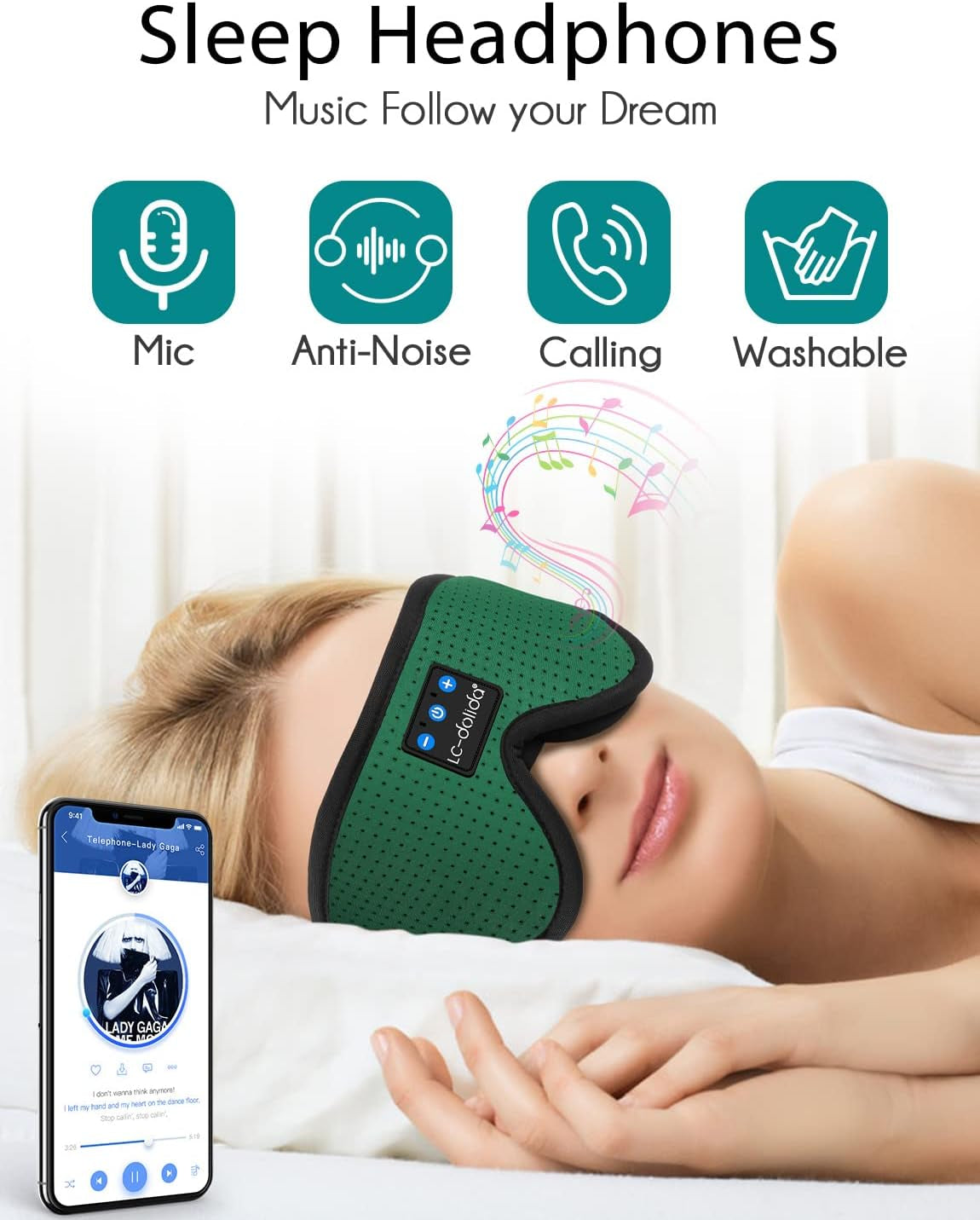 Sleep Mask with Bluetooth Headphones, Sleep Headphones Bluetooth Sleep Mask Breathable Sleeping Headphones for Side Sleepers Best Gift and Travel Essential (Green)