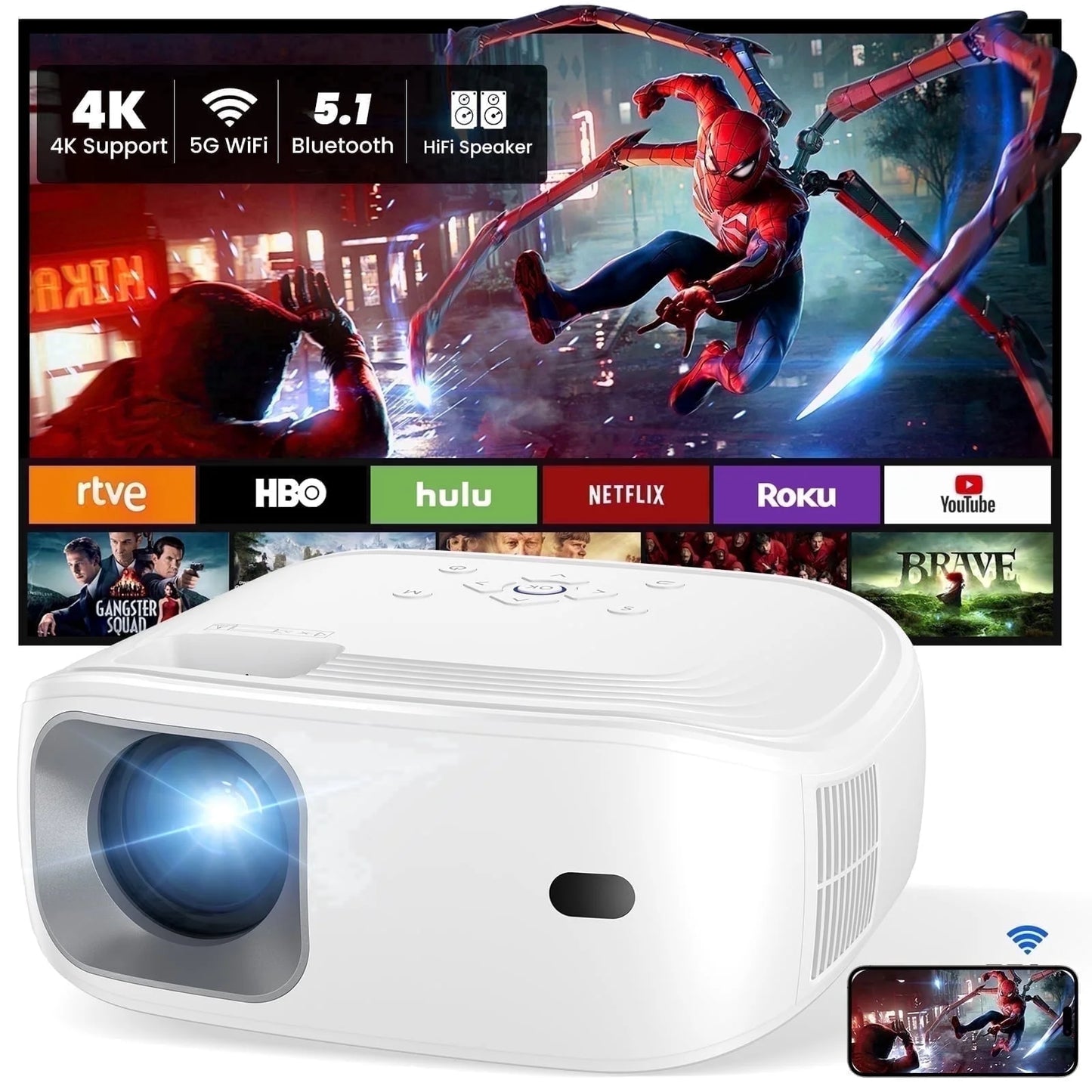 Projector with Wifi and Bluetooth Portable Projectors, 4K Support Mini Projector with Speaker, FHD Native 1080P Projectors for Outdoor Movies Home Theater