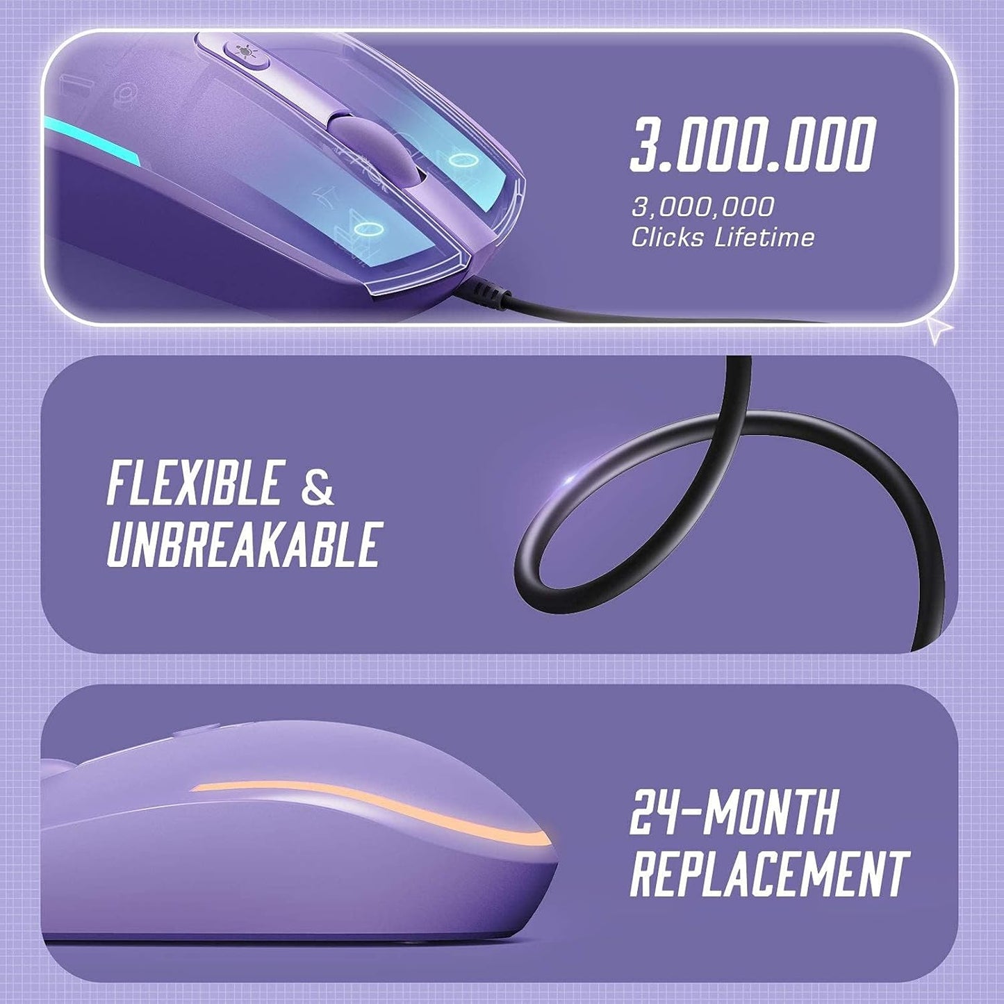 Wired Mouse - USB Computer Mice Wired with RGB Backlit Optical LED Mouse with Attached USB Cord for Laptops Notebooks Chromebook - Purple