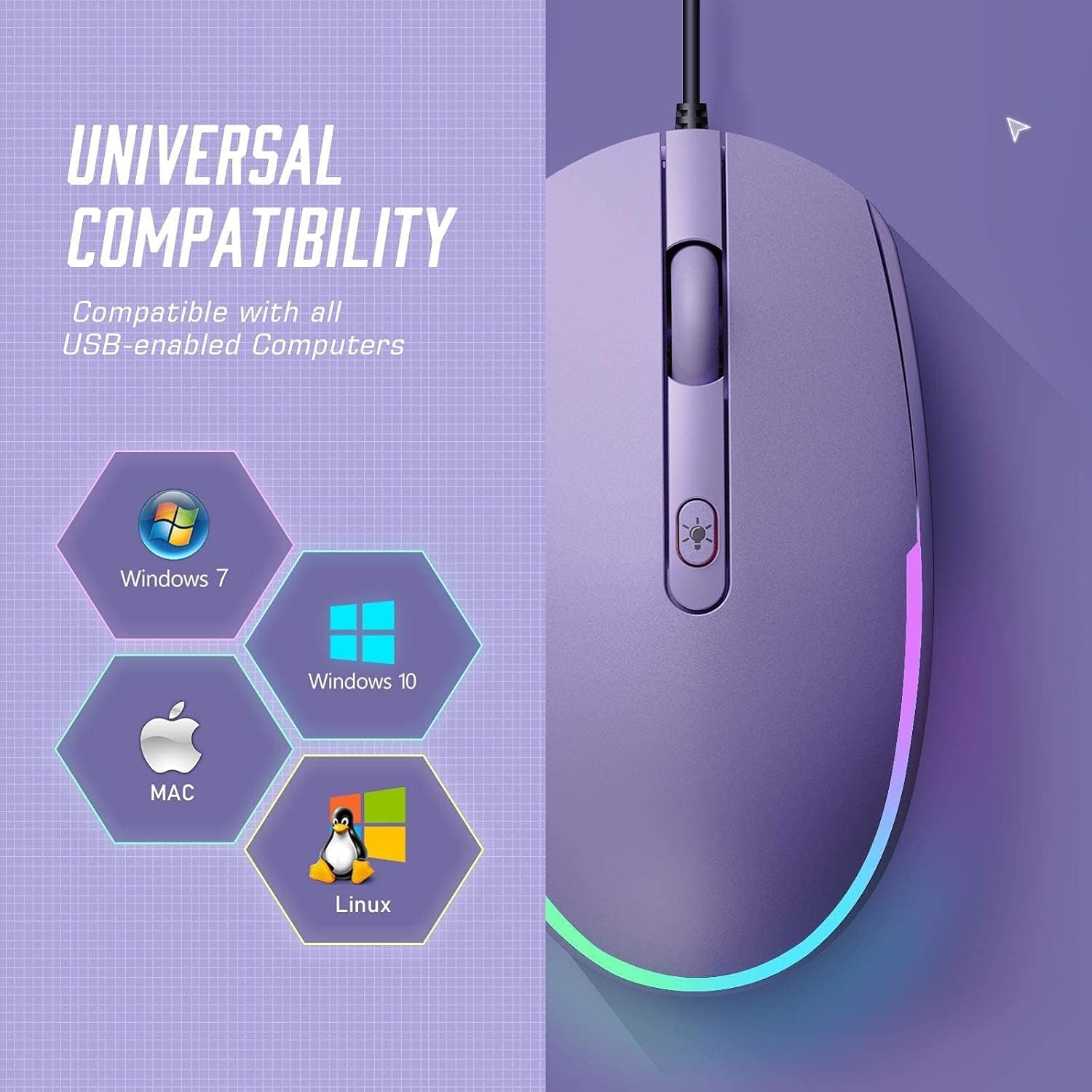 Wired Mouse - USB Computer Mice Wired with RGB Backlit Optical LED Mouse with Attached USB Cord for Laptops Notebooks Chromebook - Purple
