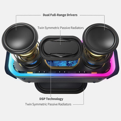 Soundbox Pro+ Bluetooth Speaker, Immersive 24W Stereo Sound with Booming Bass, IPX6 Waterproof, 15H Playtime, Mixed Colors Lights, Wireless for Backyard, Hiking, Garage, Party-Grey
