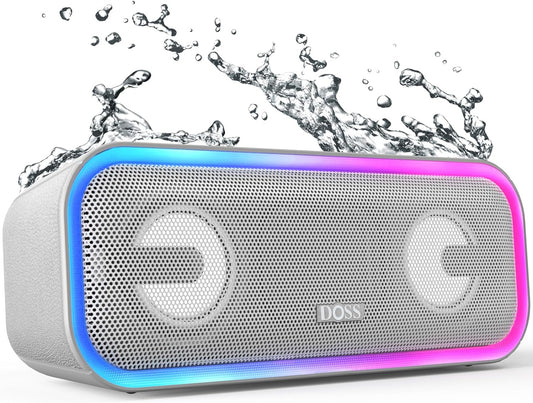 Soundbox Pro+ Bluetooth Speaker, Immersive 24W Stereo Sound with Booming Bass, IPX6 Waterproof, 15H Playtime, Mixed Colors Lights, Wireless for Backyard, Hiking, Garage, Party-Grey