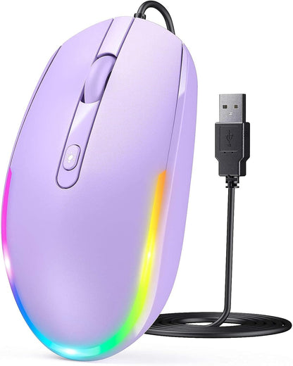 Wired Mouse - USB Computer Mice Wired with RGB Backlit Optical LED Mouse with Attached USB Cord for Laptops Notebooks Chromebook - Purple