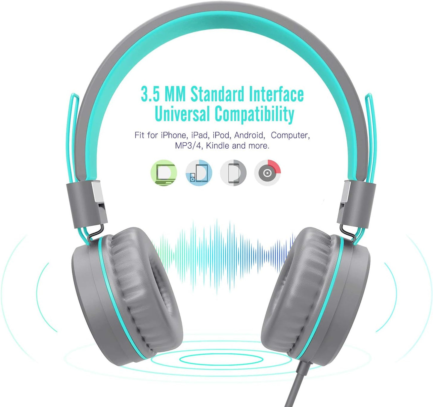 Kids Headphones, K8 Wired Headphones for Kids with Adjustable Headband 3.5 MM Jack for School, Foldable On-Ear Headset for Girls Boys Kindle Tablet Cellphones Airplane Travel(Dark Gray)